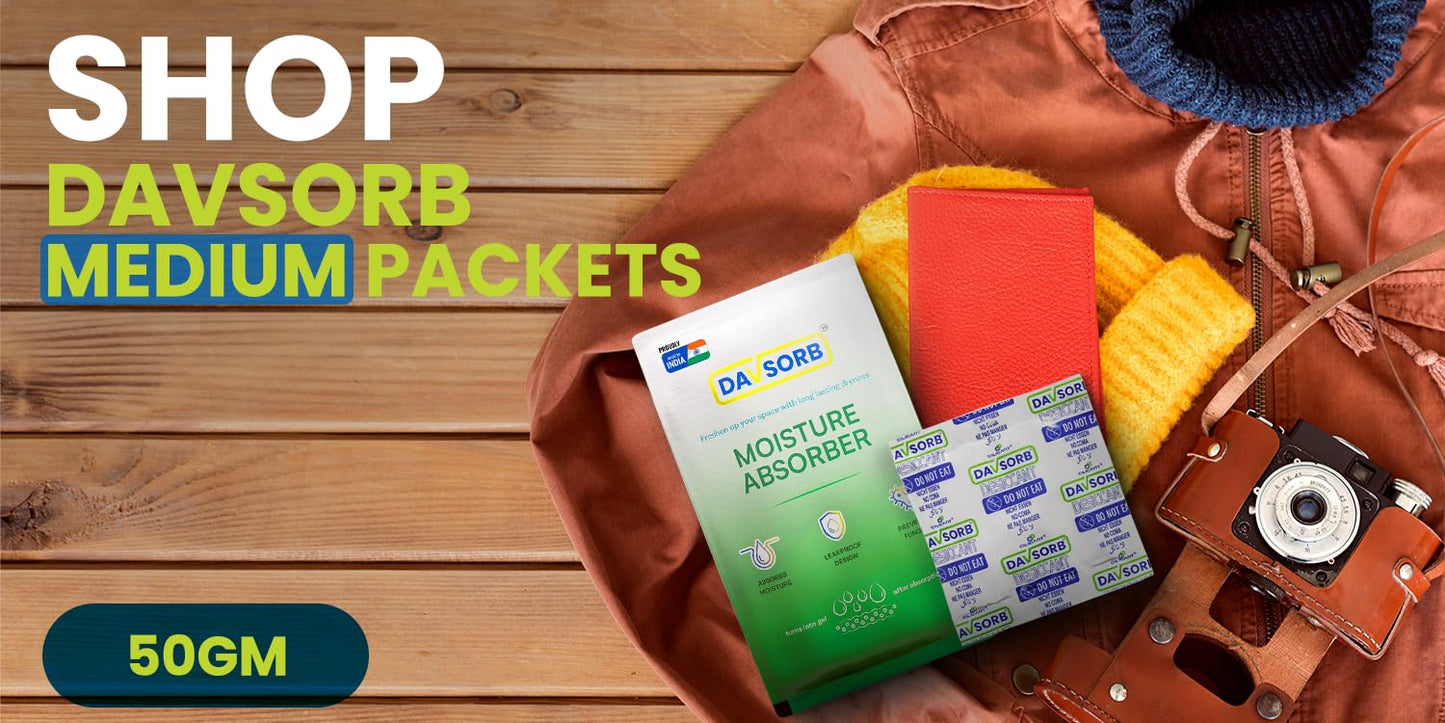 DAVSORB Dehumidifier Room Moisture Absorber for for Wardrobe & Shoe Racks | Prevents Mould & Fungus in Home, Cars, Electronic items | Combo of 5gm x 40 sachets + 50gm x 5 sachets + 100gm x 3 Sachets