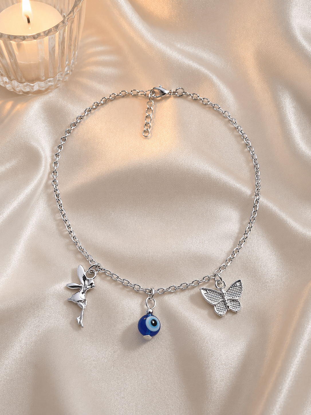 Elegant Charm Anklet Set of 3 for Women β Butterfly, Evil Eye & Star Design | Adjustable Silver & Black Beaded Anklet (Pack of - 3)
