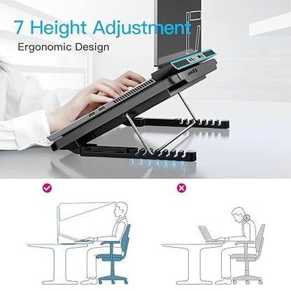 AILEXIM Adjustable Laptop Stand, Mobile Holder with 2 Cooling Fan | 7 Height Slots, Striff for Table/Desk, Computer Stand, Office Desk Accessories | Portable & Lightweight (Black)