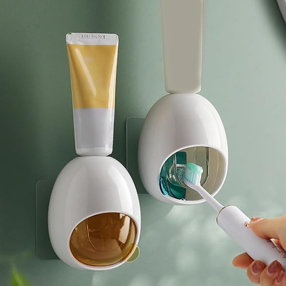 AILEXIM Toothpaste Dispenser & Organiser | Wall Mounted Automatic Toothpaste Squeeze | Accessories for Bathroom | Disassemble & Washable | Punch-Free Space-Saving Squeezer
