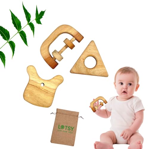 LOTSY Neem Wood Baby Teether Set for Infants | Natural Wooden Teethers for Newborns | Eco Friendly Handcrafted Sound Toys for Toddlers | BPA Free Safe Teething Gift for Boys and Girls