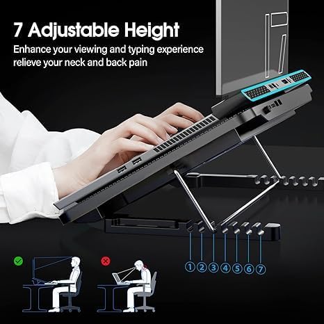 AILEXIM Adjustable Laptop Stand, Mobile Holder with 2 Cooling Fan | 7 Height Slots, Striff for Table/Desk, Computer Stand, Office Desk Accessories | Portable & Lightweight (Black)