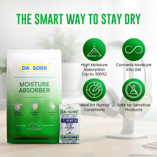 DAVSORB Dehumidifier Room Moisture Absorber, Pack of 100-5gm Small Size Sachets (100x5=500gm) for Home, Electronic items, Wardrobe & Shoe Racks | Fights Excess Moisture & Prevents Mould & Fungus