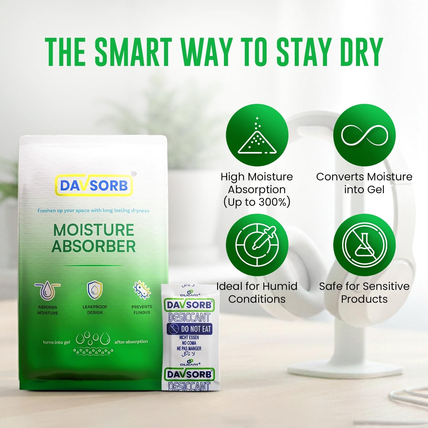 DAVSORB Dehumidifier Room Moisture Absorber for for Wardrobe & Shoe Racks | Prevents Mould & Fungus in Home, Cars, Electronic items | Combo of 5gm x 40 sachets + 50gm x 5 sachets + 100gm x 3 Sachets