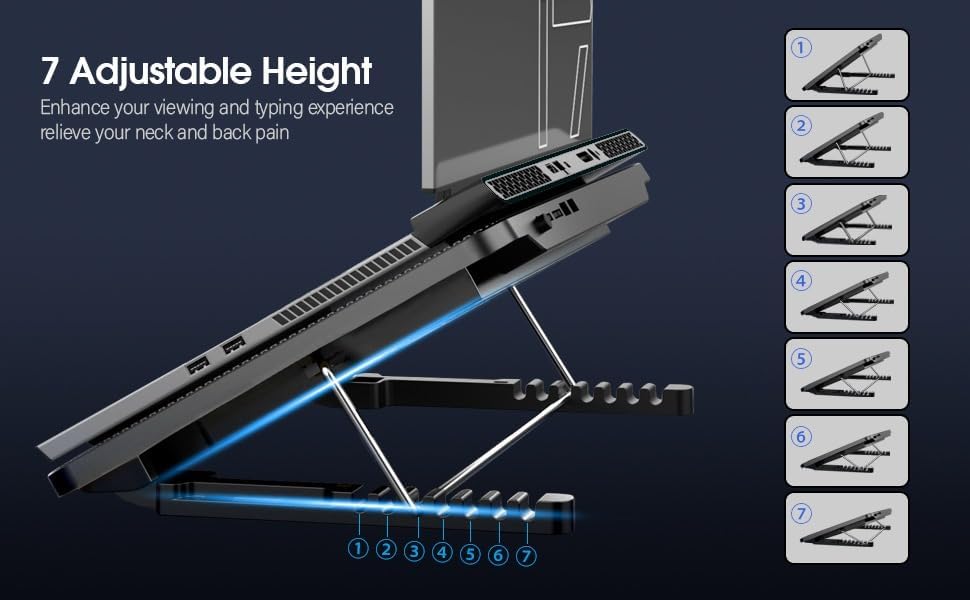 AILEXIM Adjustable Laptop Stand, Mobile Holder with 2 Cooling Fan | 7 Height Slots, Striff for Table/Desk, Computer Stand, Office Desk Accessories | Portable & Lightweight (Black)