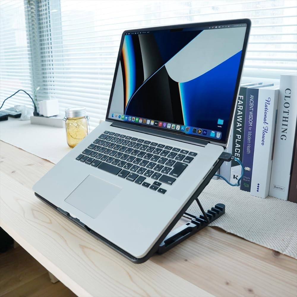 AILEXIM Adjustable Laptop Stand, Mobile Holder with 2 Cooling Fan | 7 Height Slots, Striff for Table/Desk, Computer Stand, Office Desk Accessories | Portable & Lightweight (Black)