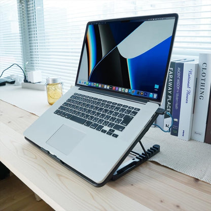 AILEXIM Adjustable Laptop Stand, Mobile Holder with 2 Cooling Fan | 7 Height Slots, Striff for Table/Desk, Computer Stand, Office Desk Accessories | Portable & Lightweight (Black)