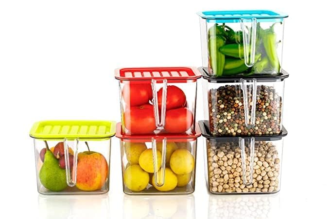 LOTSY Kitchen Fridge Storage Boxes | Fridge Organizer with Handle & Airtight Lid, Plastic Refrigerator Storage Containers Keep Fresh Fish, Meat, Vegetable, Fruits 1000Ml