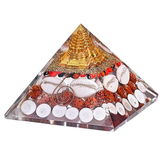 LOTSY Laxmi Yantra Pyramid for Wealth, Prosperity & Positive Energy | Shree Yantra with Rudraksha, Gomti Chakra, White Kaudi, Copper Wire & Ratti Stones (90MM)