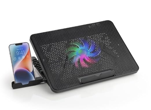 LOTSY  Adjustable Laptop Stand, Mobile Holder with Cooling Fan | 7 Height Slots, Striff for Table/Desk, Computer Stand, Office Desk Accessories | Portable & Lightweight (Black)