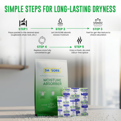DAVSORB Dehumidifier Room Moisture Absorber for for Wardrobe & Shoe Racks | Prevents Mould & Fungus in Home, Cars, Electronic items | Combo of 5gm x 40 sachets + 50gm x 5 sachets + 100gm x 3 Sachets