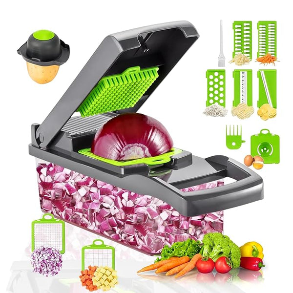 LOTSY Vegetable Chopper 14-in-1 Slicer Veggie Food Chopper with Container Multi functional Vegetable Chopper Spiralizer Onion Salad Cutter Kitchen Gadgets & Accessories Home Essentials (Green/Grey)
