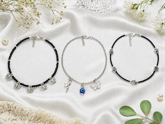 Elegant Charm Anklet Set of 3 for Women – Butterfly, Evil Eye & Star Design | Adjustable Silver & Black Beaded Anklet (Pack of - 3)