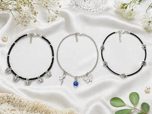 Elegant Charm Anklet Set of 3 for Women – Butterfly, Evil Eye & Star Design | Adjustable Silver & Black Beaded Anklet (Pack of - 3)